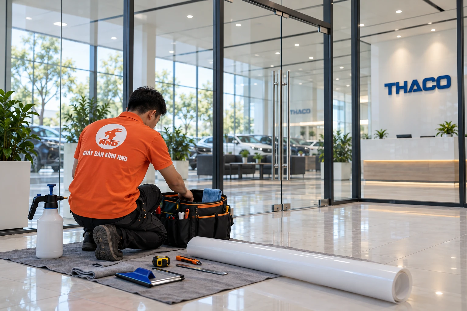 Bóc lớp decal cũ trên vách kính văn phòng THACO