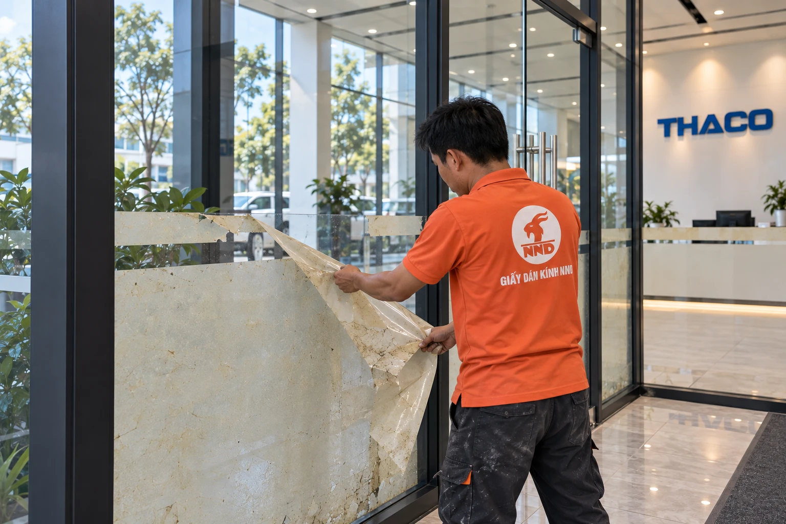 Thi công decal mờ kẻ chỉ trên vách kính văn phòng THACO