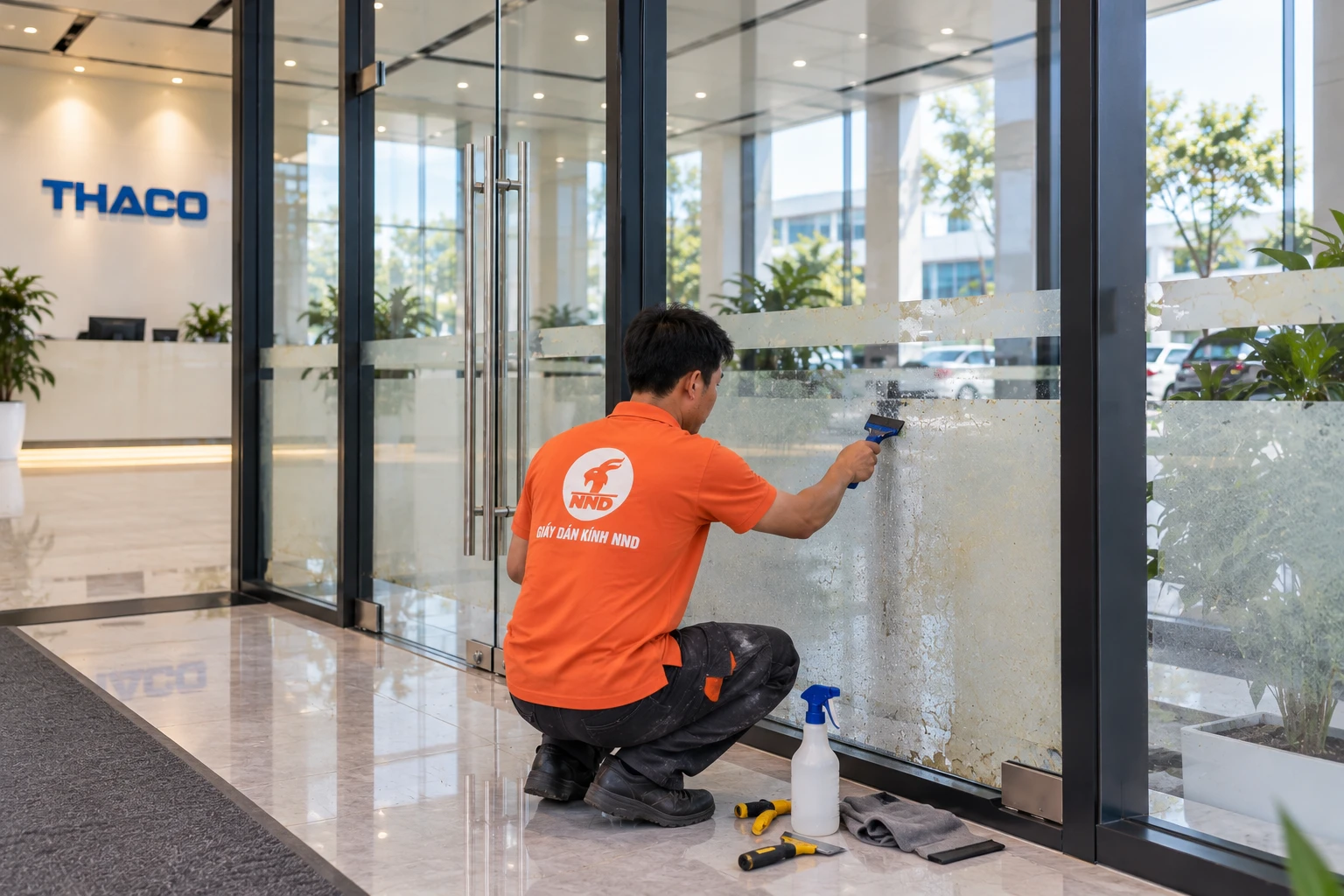Dán logo THACO trên nền decal mờ vách kính văn phòng