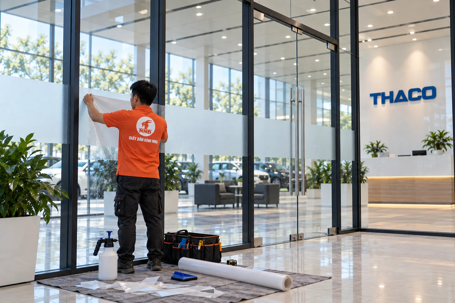 Decal mờ kẻ chỉ kết hợp logo THACO trên vách kính