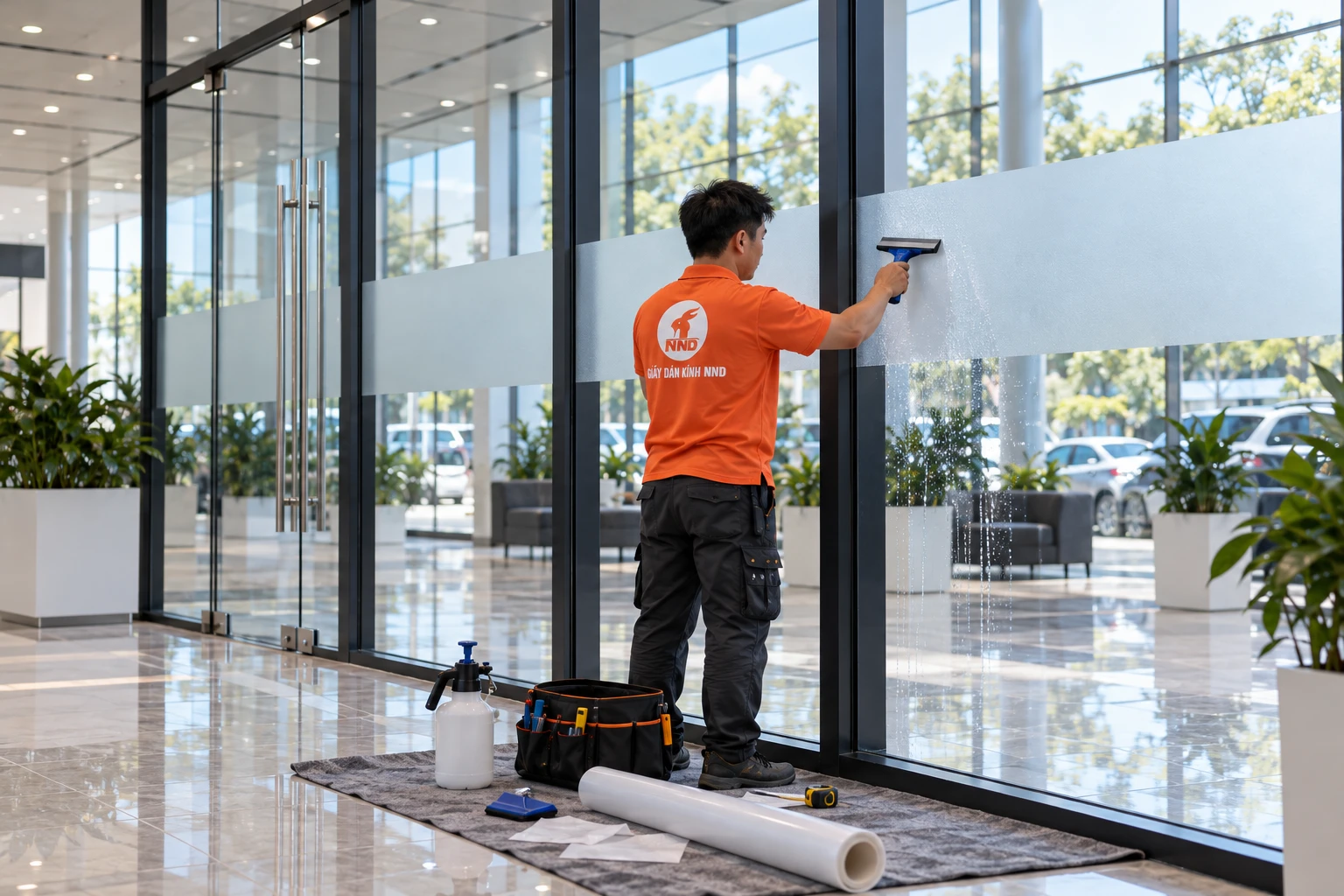 Căn cao độ decal kẻ chỉ trên hệ vách kính văn phòng THACO