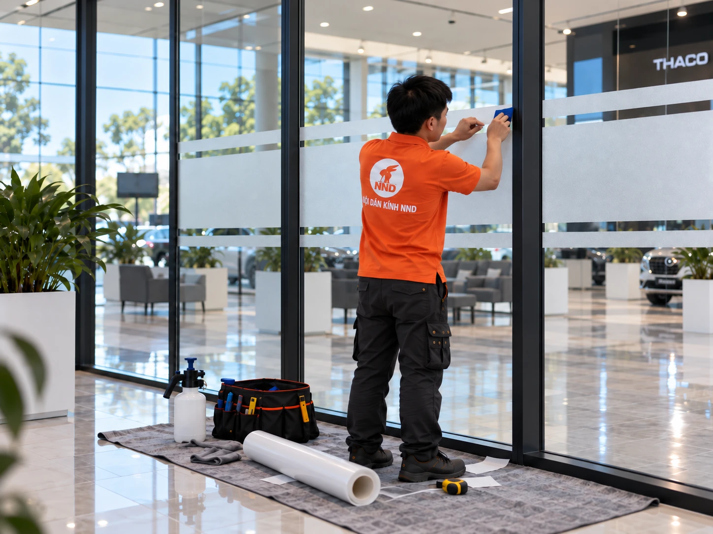 Cận cảnh logo THACO trên nền decal mờ vách kính
