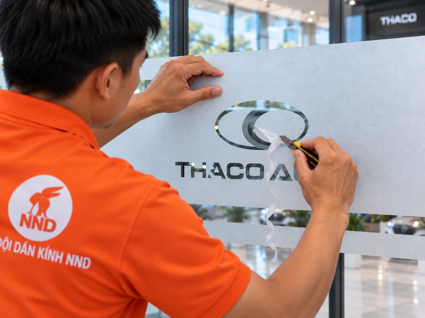 Cận cảnh decal mờ kẻ chỉ trên kính văn phòng THACO