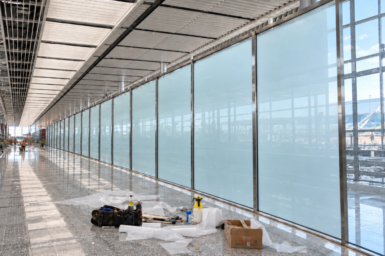 Hệ kính Sân Bay Long Thành hoàn thiện decal mờ