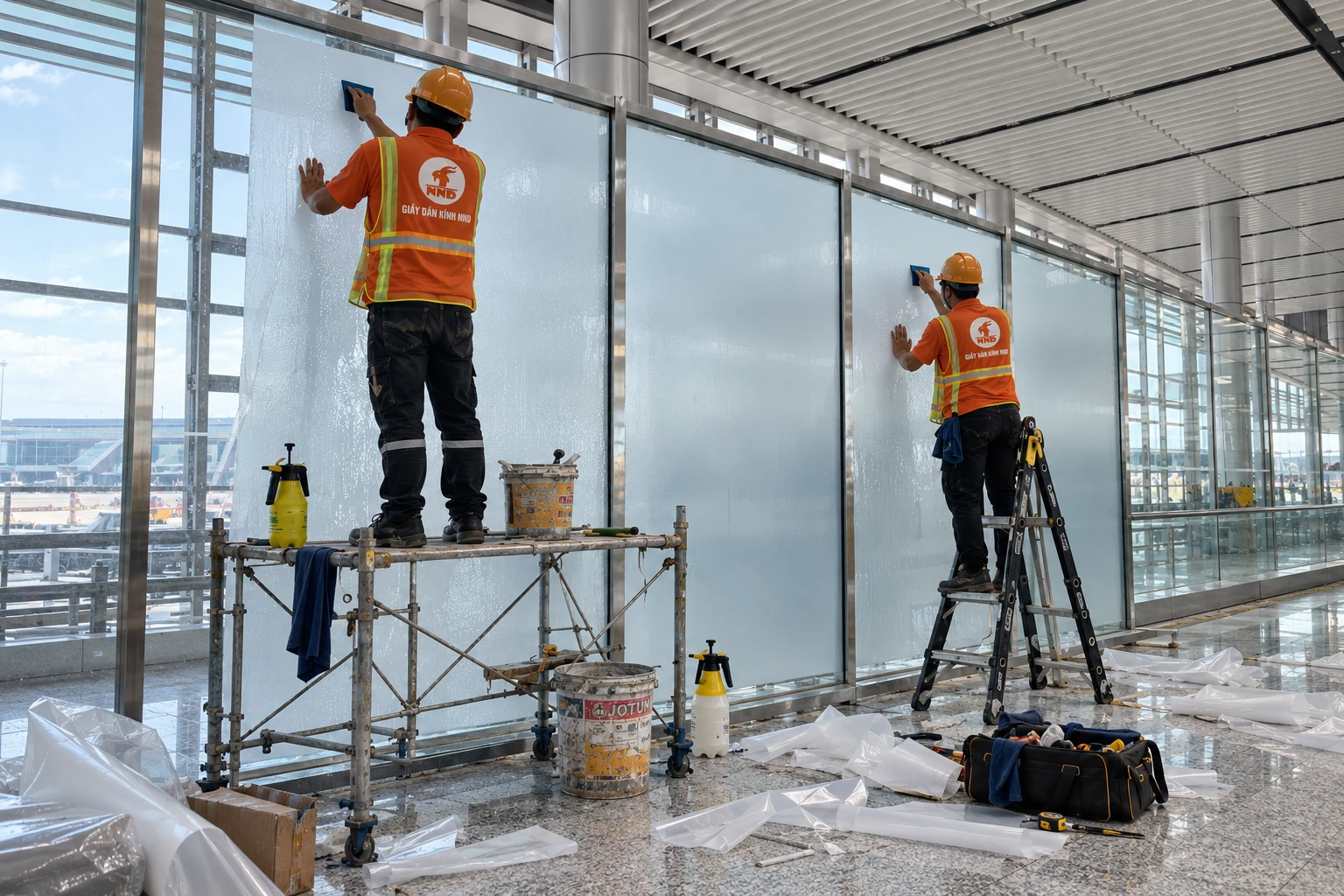 Thi công decal mờ cho hệ kính Sân Bay Long Thành