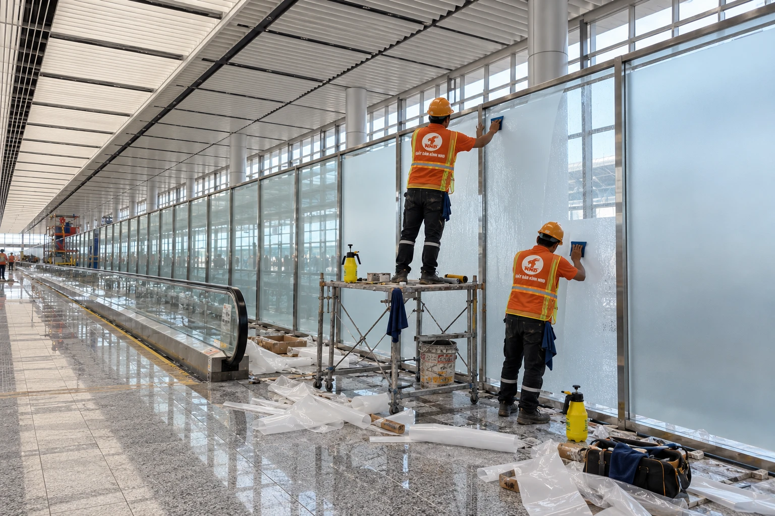 Vách kính Sân Bay Long Thành dán decal mờ đồng bộ