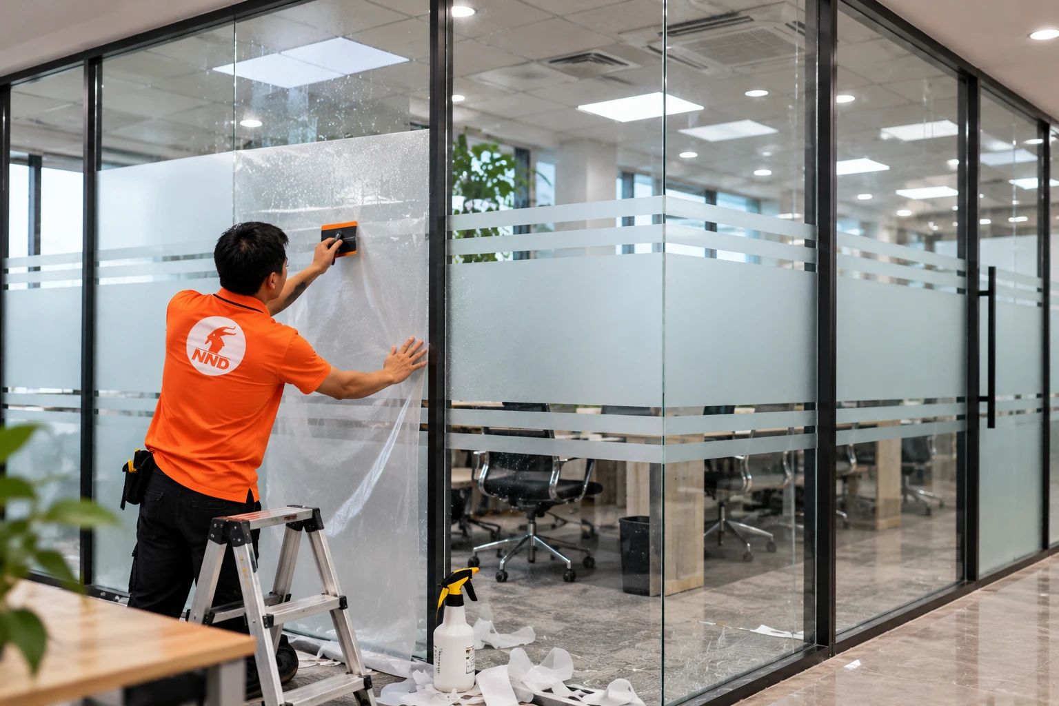 Xử lý mép decal mờ tại cửa kính văn phòng Thanh Xuân