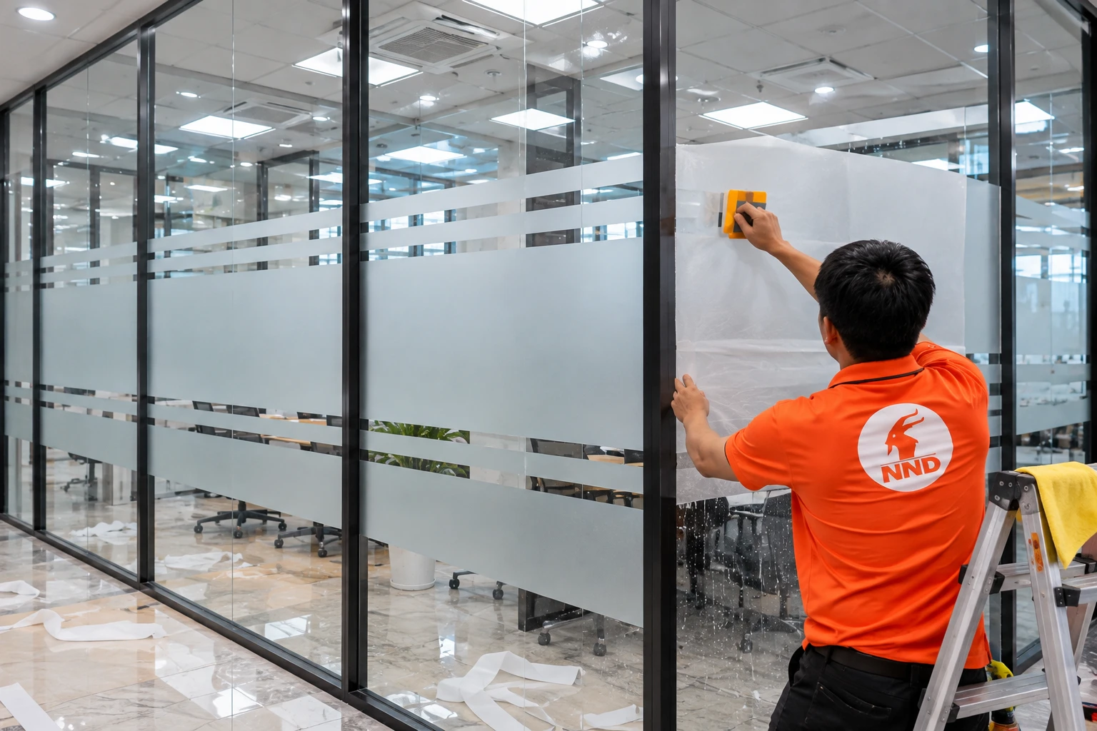 Kiểm tra cửa kính sau khi dán decal mờ văn phòng Thanh Xuân