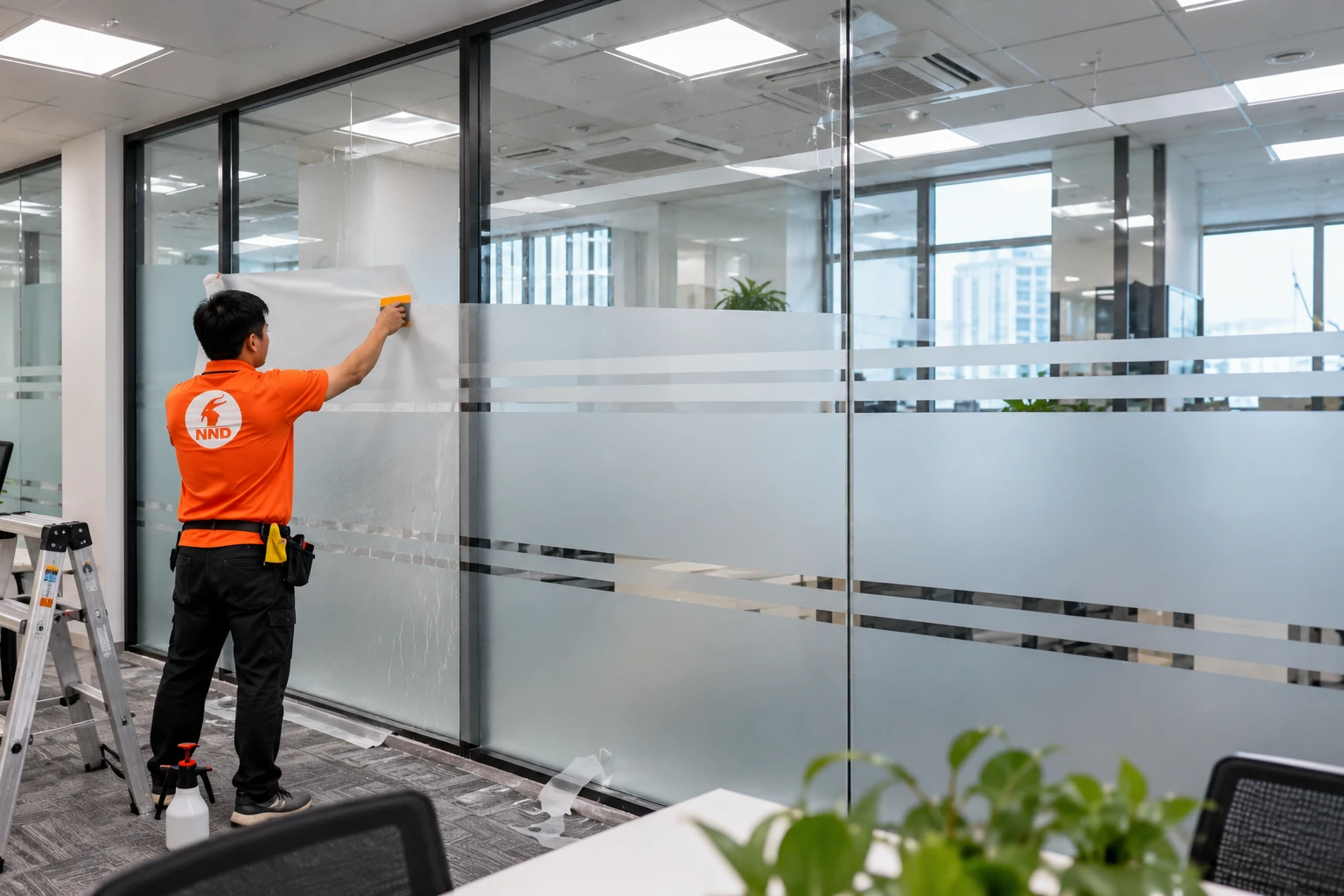 Căn cao độ decal mờ giữa cửa và vách kính văn phòng