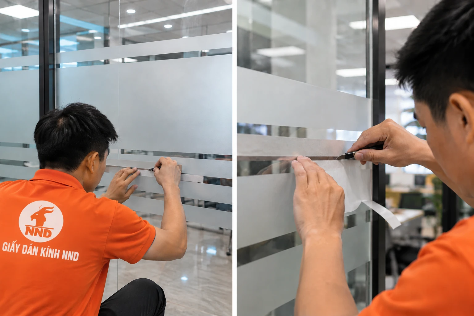Thợ NND dán decal mờ cửa kính văn phòng tại Thanh Xuân