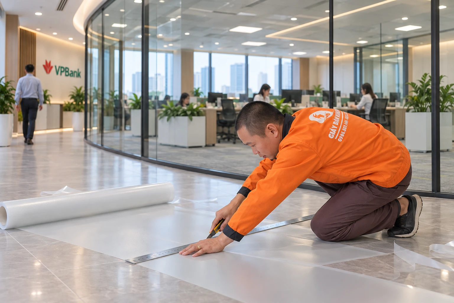 Thi công decal mờ kẻ chỉ kết hợp logo VPBank