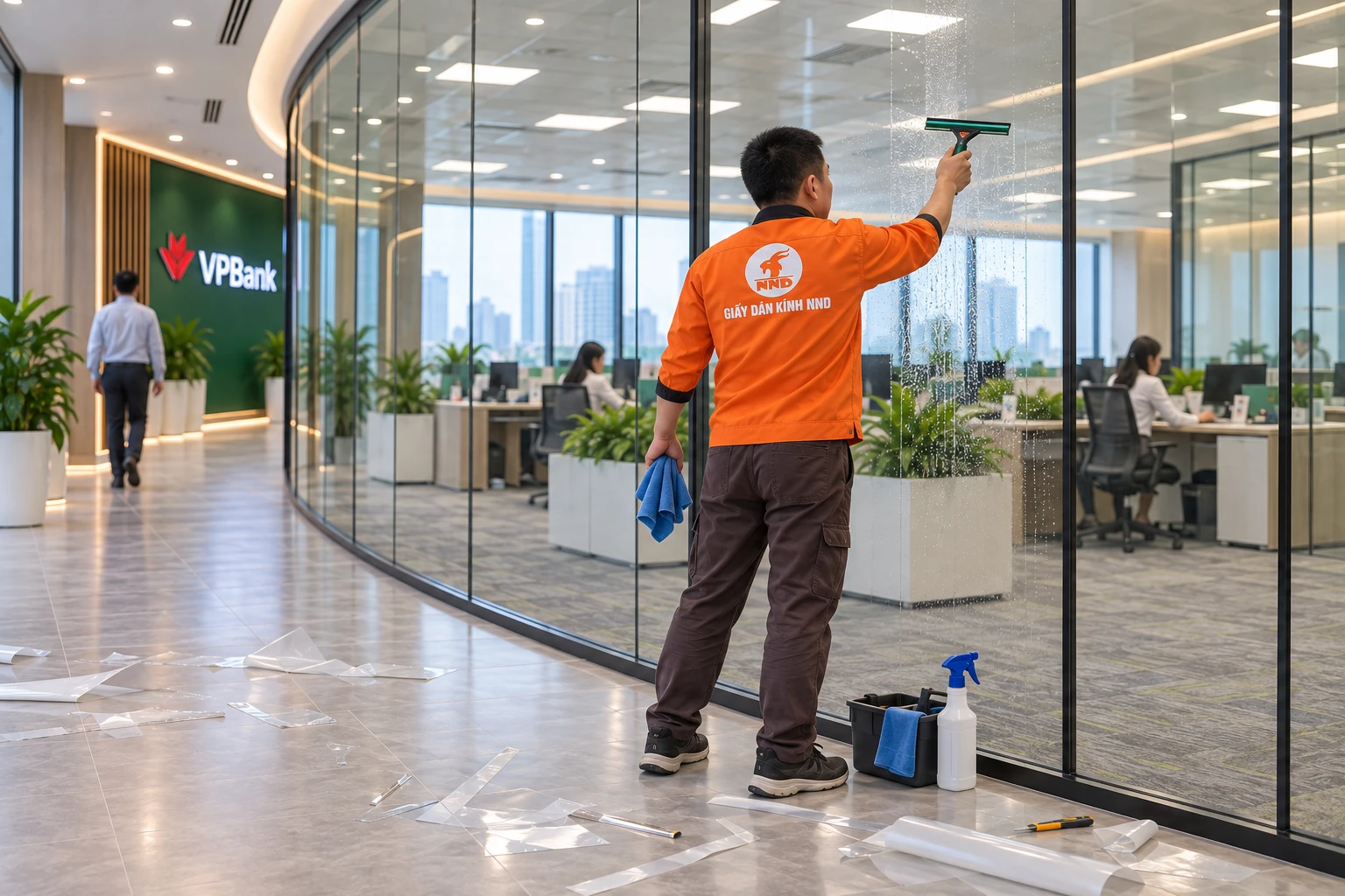 Căn cao độ decal mờ kẻ chỉ trên vách kính VPBank