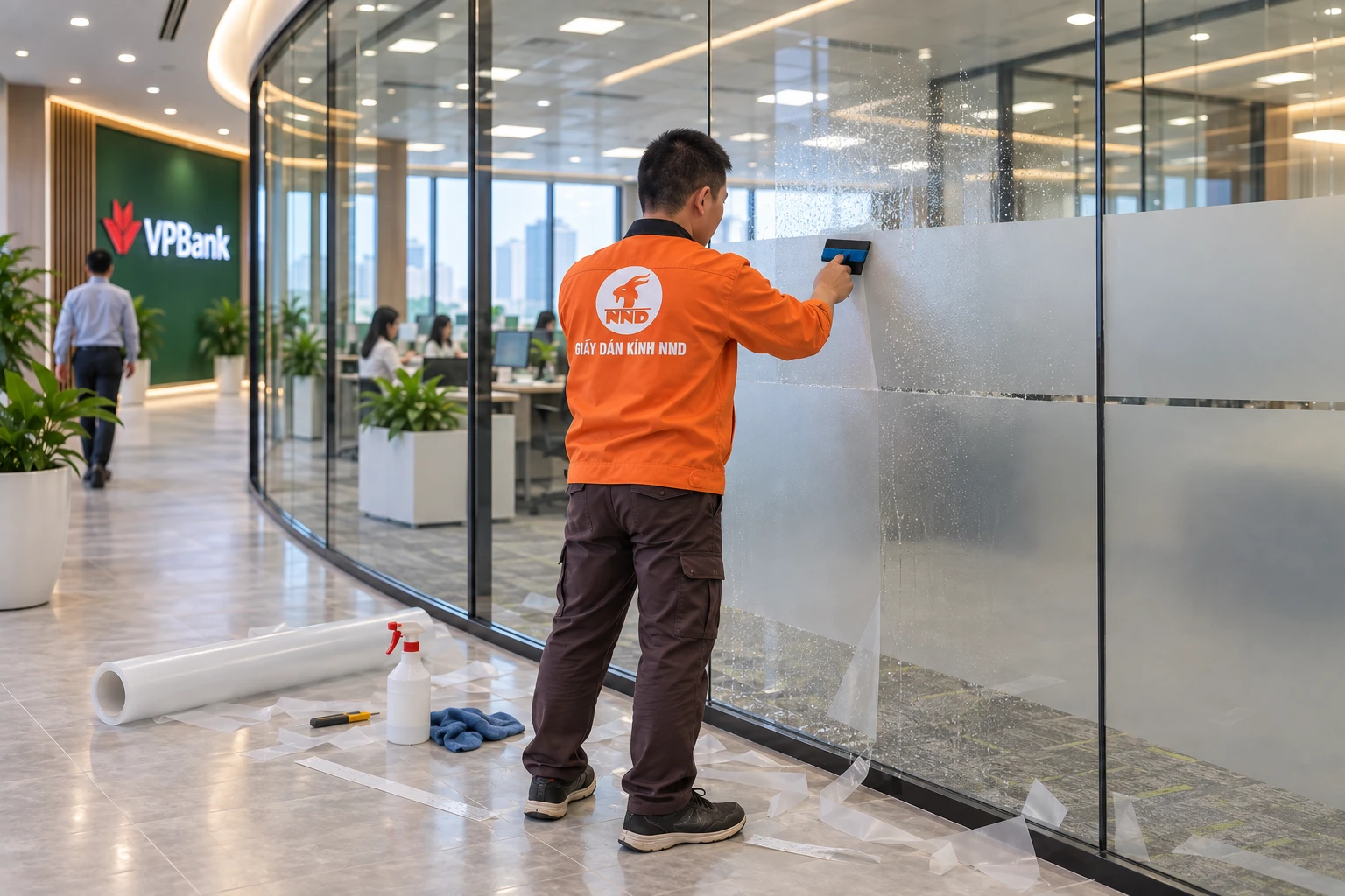 Thi công logo VPBank trên nền decal mờ kẻ chỉ