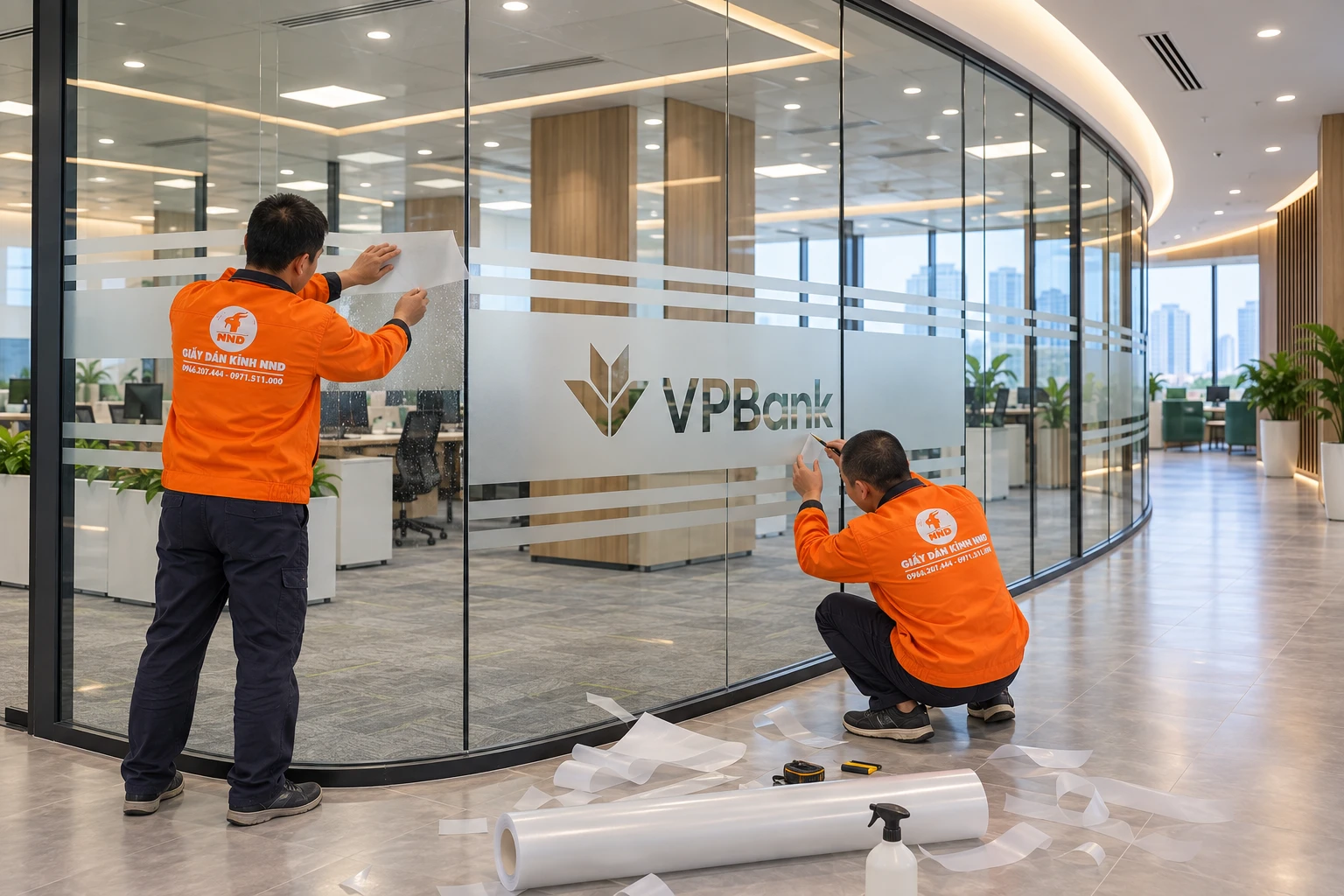 Cận cảnh logo VPBank trên decal mờ văn phòng