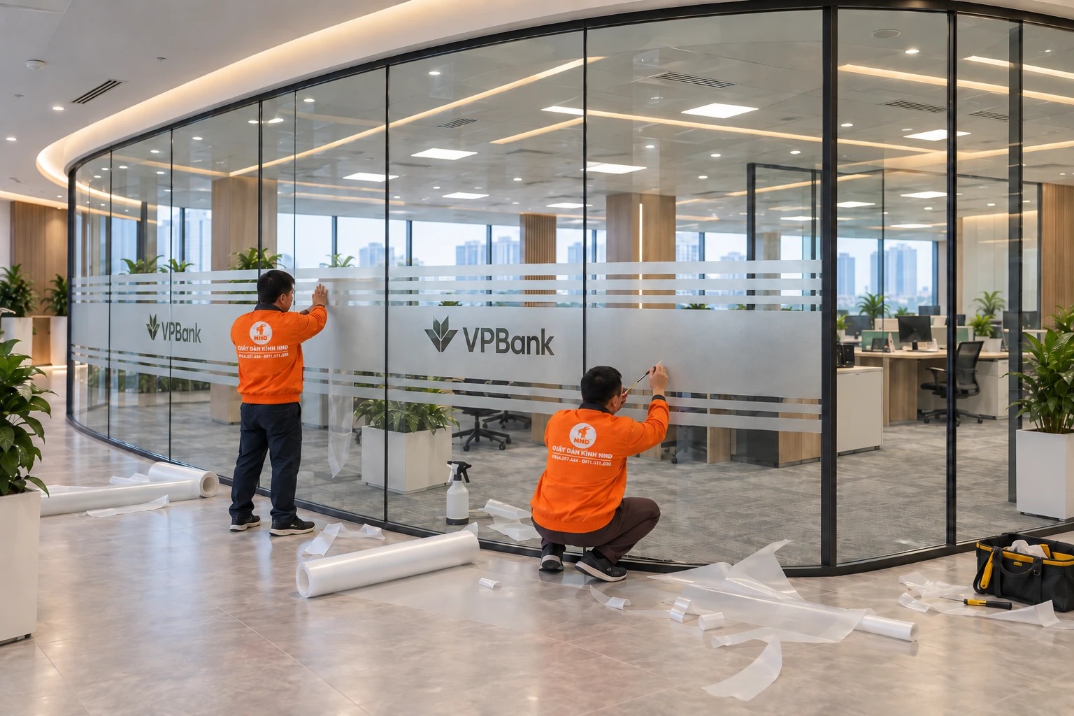 Kiểm tra đường cắt logo VPBank trên vách kính mờ
