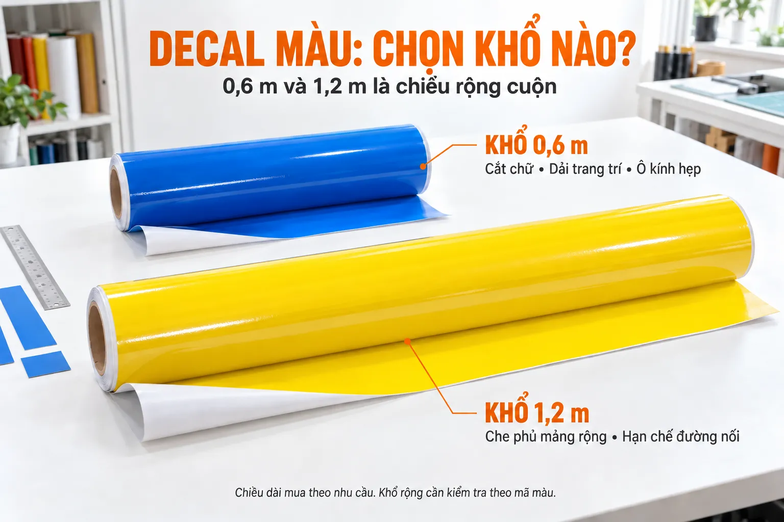 Chọn khổ decal màu 0,6 m hoặc 1,2 m theo kích thước cần dán