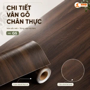 Cận cảnh cuộn decal vân gỗ màu nâu Teak mã G5 và đường vân gỗ