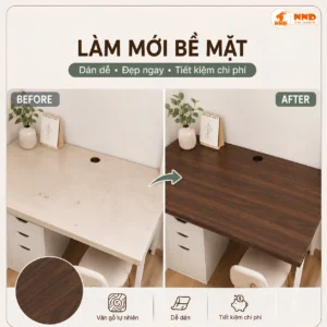 So sánh bàn làm việc trước và sau khi dán decal vân gỗ nâu G5
