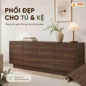 Tủ và kệ màu nâu trầm phối cùng decal vân gỗ Teak G5