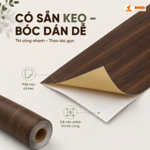 Mặt sau decal vân gỗ G5 có sẵn keo và lớp giấy đế bóc dán