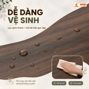 Minh họa lau sạch mặt bàn dán decal vân gỗ nâu Teak G5