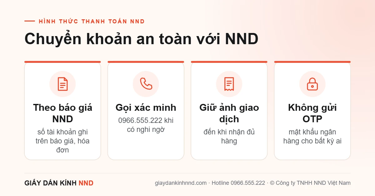 Infographic lưu ý chuyển khoản an toàn với NND: chuyển theo báo giá, gọi 0966.555.222 xác minh, giữ ảnh giao dịch, không gửi mã OTP